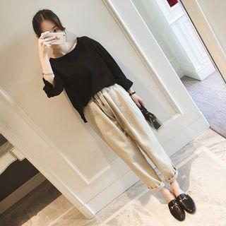 Set: 3/4-sleeve Plain Top + Harem Pants