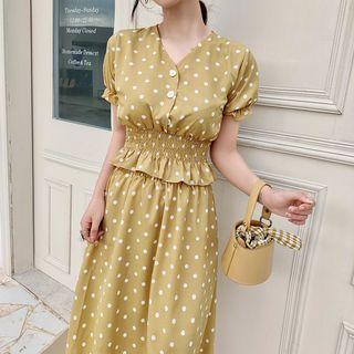 Set: Dotted V-neck Blouse + High-waist Skirt