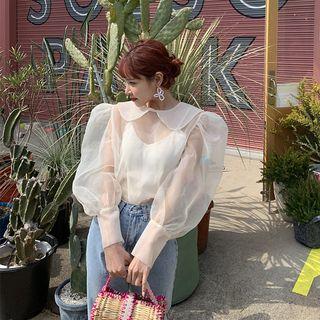 Lace-up Back Long-sleeve Top Ivory White - One Size