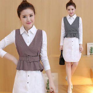Set: Long-sleeve Shirtdress + Check Vest