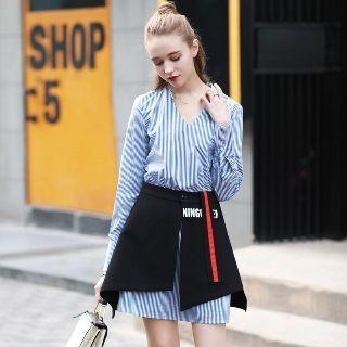 Set: Long-sleeve V-neck Dress + A-line Skirt