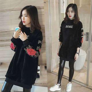 Rose Embroidered Lettering Velvet Sweatshirt
