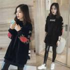 Rose Embroidered Lettering Velvet Sweatshirt