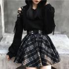 Cold-shoulder Hoodie / Plaid A-line Mini Skirt