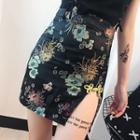 Floral Embroidered Frog-buttoned Mini Pencil Skirt