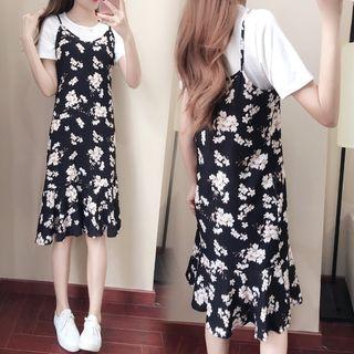Set: Plain Short-sleeve T-shirt + Flower Print Spaghetti Strap Chiffon Dress