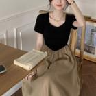 Short-sleeve Two Tone A-line Dress Black & Coffee - One Size