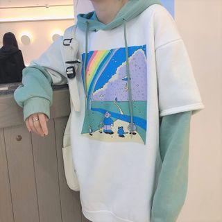 Mock Two Piece Loose-fit Long-sleeve Printed Hoodie White - One Size