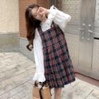 Bell-sleeve Shirt / Mini Plaid Jumper Dress