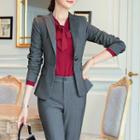 Set: Bow Accent Blouse + Slim-fit Dress Pants + Single-buttoned Blazer