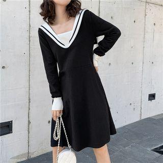 Color-block Long-sleeve Knit Dress Black - One Size
