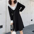 Color-block Long-sleeve Knit Dress Black - One Size