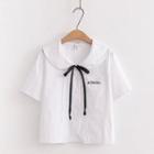 Short-sleeve Embroidered Bow Blouse White - One Size