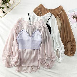 Set: Dip-back Loose-fit Chiffon Blouse + Summer-knit Vest