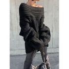 Off-shoulder Chunky Sweater Black - One Size