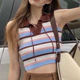 Collar Striped Knit Crop Tank Top