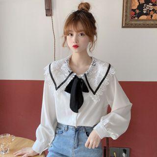 Ribbon-neck Shirt Black Ribbon - White - One Size
