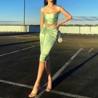 Set: Cross Strap Cropped Camisole Top + Drawstring Midi Pencil Skirt