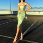 Set: Cross Strap Cropped Camisole Top + Drawstring Midi Pencil Skirt
