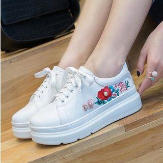 Faux Leather Embroidered Platform Sneakers
