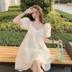 Short-sleeve V-neck A-line Dress Off-white - One Size