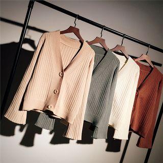 V-neck Bell-sleeve Ribbed Knit Cardigan