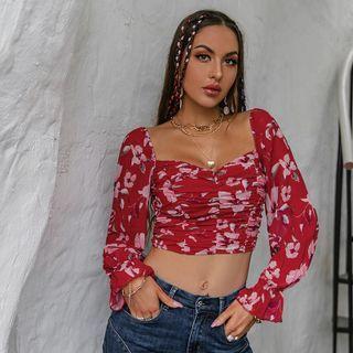 Long-sleeve Square Neck Flower Print Blouse