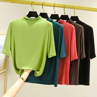 Elbow-sleeve Mock-neck Plain T-shirt