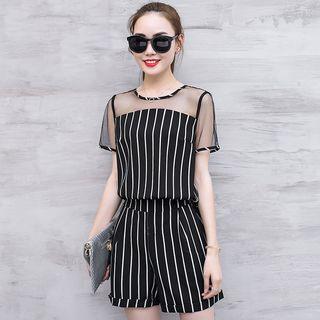 Set: Striped Short-sleeve Top + Striped Shorts