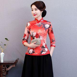 Flower Print 3/4-sleeve Hanfu Top / High Waist Midi A-line Skirt