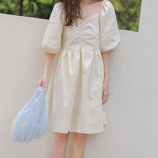 Puff-sleeve A-line Dress Almond Yellow - One Size