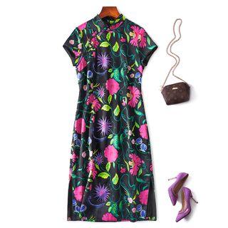 Flower Print Short-sleeve Midi Qipao