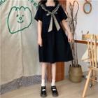Short-sleeve Bow Accent A-line Dress Black - One Size