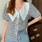 Puff-sleeve Heart Print Lace Collar Blouse