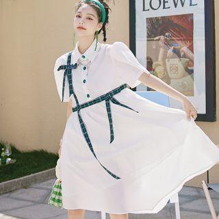 Puff-sleeve Plaid Bow Shirtdress