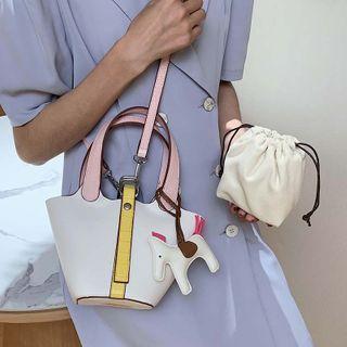 Set: Top Handle Panel Bucket Bag + Drawstring Pouch