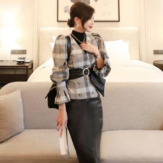 Balloon-sleeve Double-breasted Plaid Blouse / Faux Leather Midi Pencil Skirt
