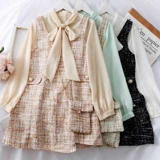 Set: Ribbon-neckline Chiffon Top + Mini Tank Dress