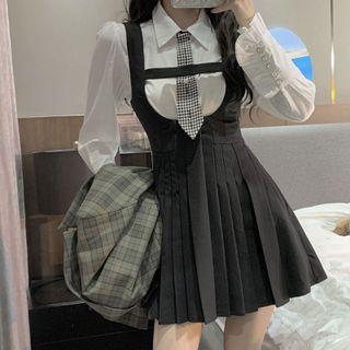 Plain Shirt / Pleated Mini A-line Overall Dress / Blazer