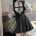 Plain Shirt / Pleated Mini A-line Overall Dress / Blazer