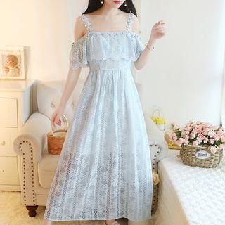 Short-sleeve Cold Shoulder Lace A-line Midi Dress