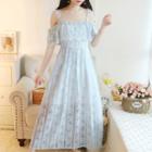 Short-sleeve Cold Shoulder Lace A-line Midi Dress