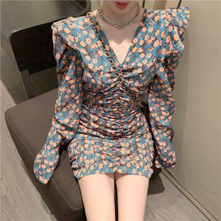 Long-sleeve Floral Drawstring Mini Sheath Dress