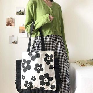 Flower Print Ruffle Trim Tote Bag White - One Size