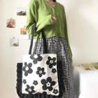 Flower Print Ruffle Trim Tote Bag White - One Size