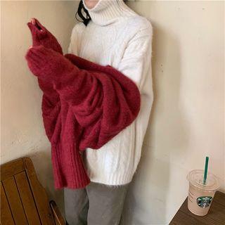 High-neck Plain Cable Knit Sweater