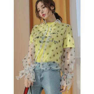 Tie-cuff Polka-dot Organza Blouse