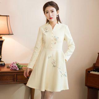 Stand Collar Embroidery A-line Dress