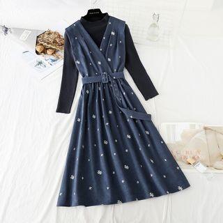 Set: Long-sleeve Knit Top + Flower Embroidered Midi Overall Dress