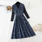 Set: Long-sleeve Knit Top + Flower Embroidered Midi Overall Dress